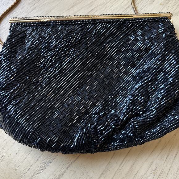 VTG BLACK Heavily BEADED EVENING purse gold trim clutch Bechamel CROSSBODY prom - Picture 3 of 15